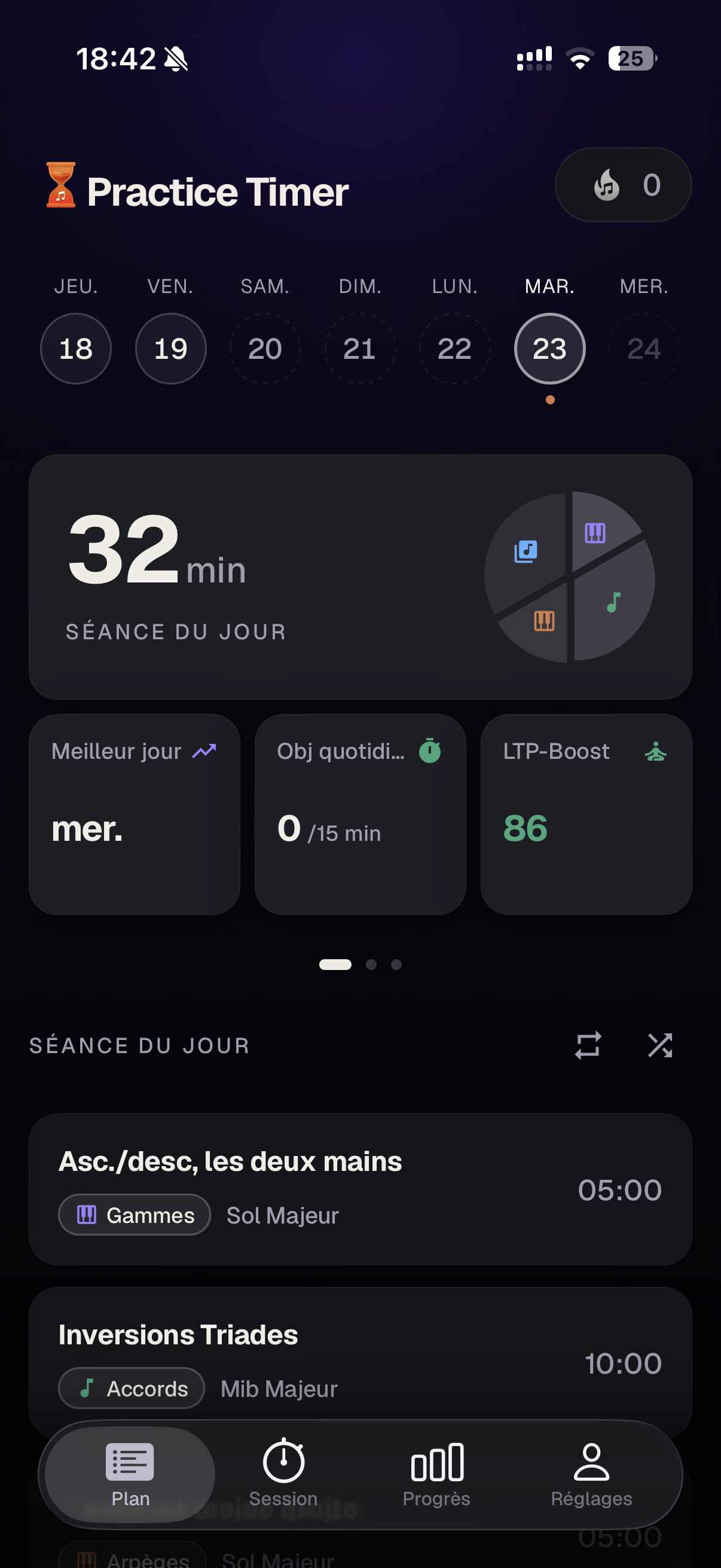 L'onglet Plan : une bande des jours de la semaine, le récapitulatif de la séance du jour de 32 minutes avec son score LTP-Boost, et une liste d'exercices nommés — gammes ascendantes et descendantes en sol majeur, toutes les inversions d'accords parfaits en mi bémol majeur — chacun étiqueté avec un type de travail, une tonalité et une durée.