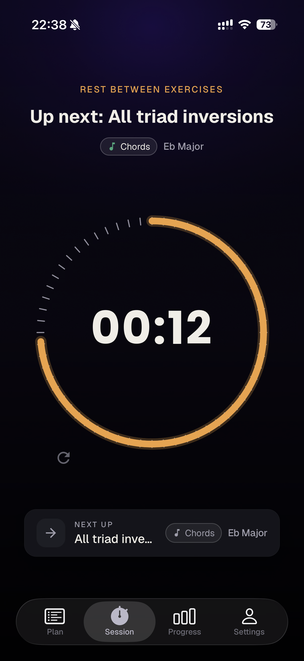 A timed rest between exercises: a circular dial with an amber arc counts down 12 seconds, labelled 'Rest between exercises', with 'Up next: All triad inversions' shown below.