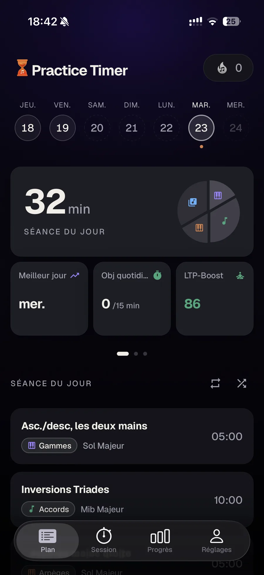 L'onglet Plan : une bande des jours de la semaine, le récapitulatif de la séance du jour de 32 minutes avec son score LTP-Boost, et une liste d'exercices nommés — gammes ascendantes et descendantes en sol majeur, toutes les inversions d'accords parfaits en mi bémol majeur — chacun étiqueté avec un type de travail, une tonalité et une durée.