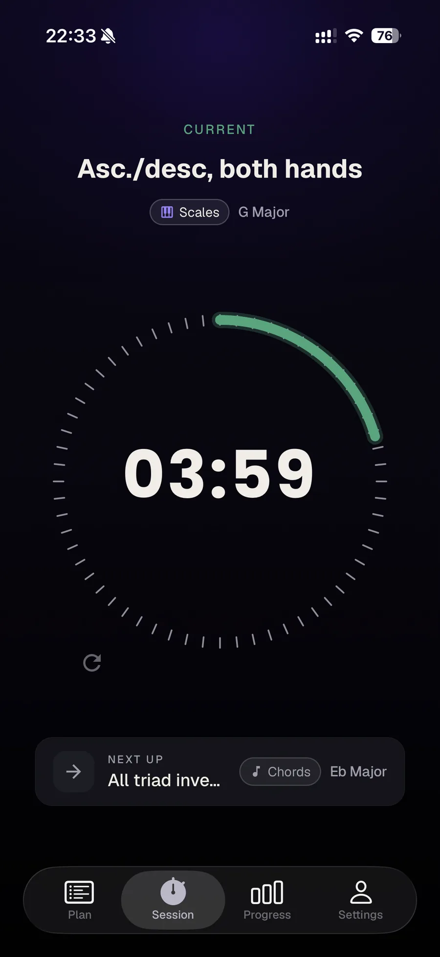 Practice Timer running a timed practice session: a circular dial with a green work arc counts down 3 minutes 59 seconds on an ascending and descending scales exercise in G major.